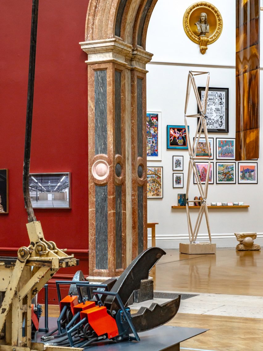A post-tensioned stone frame is displayed in the architecture rooms.