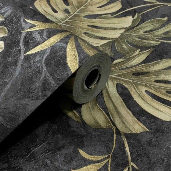 PAPEL DE PAREDE VINÍLICO FLORAL PRETO E BEGE C/ BRILHO PDF0019