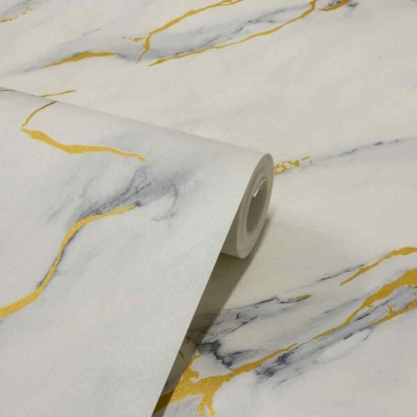 PAPEL DE PAREDE VINILICO MÁRMORE CARRARA CINZA C/ DOURADO PDL1501