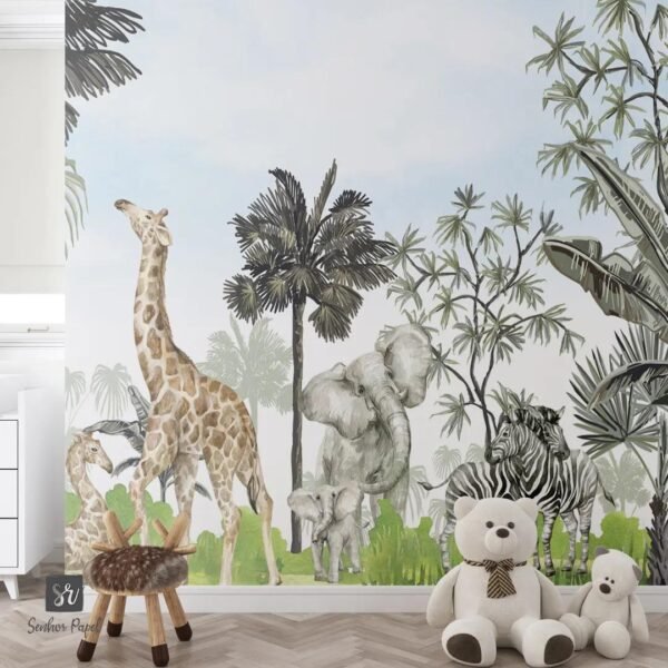 papel-de-paredefloreta-tropical-zebra-girafa